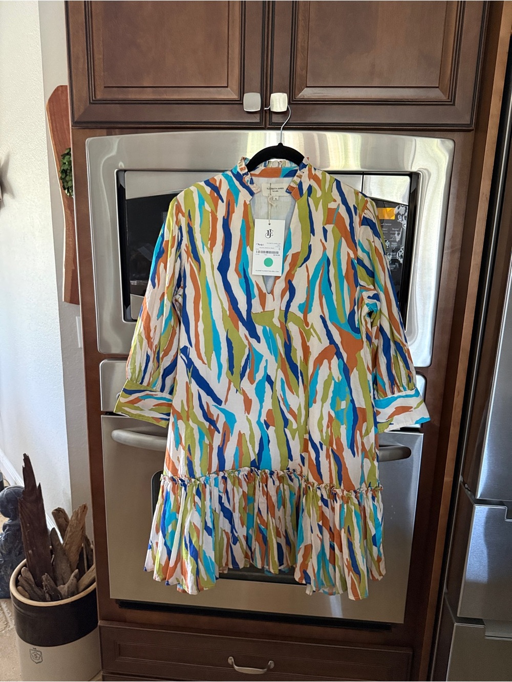 Elizabeth and James White Multi-Color Wave Print Casual Dress. Great fall dress.